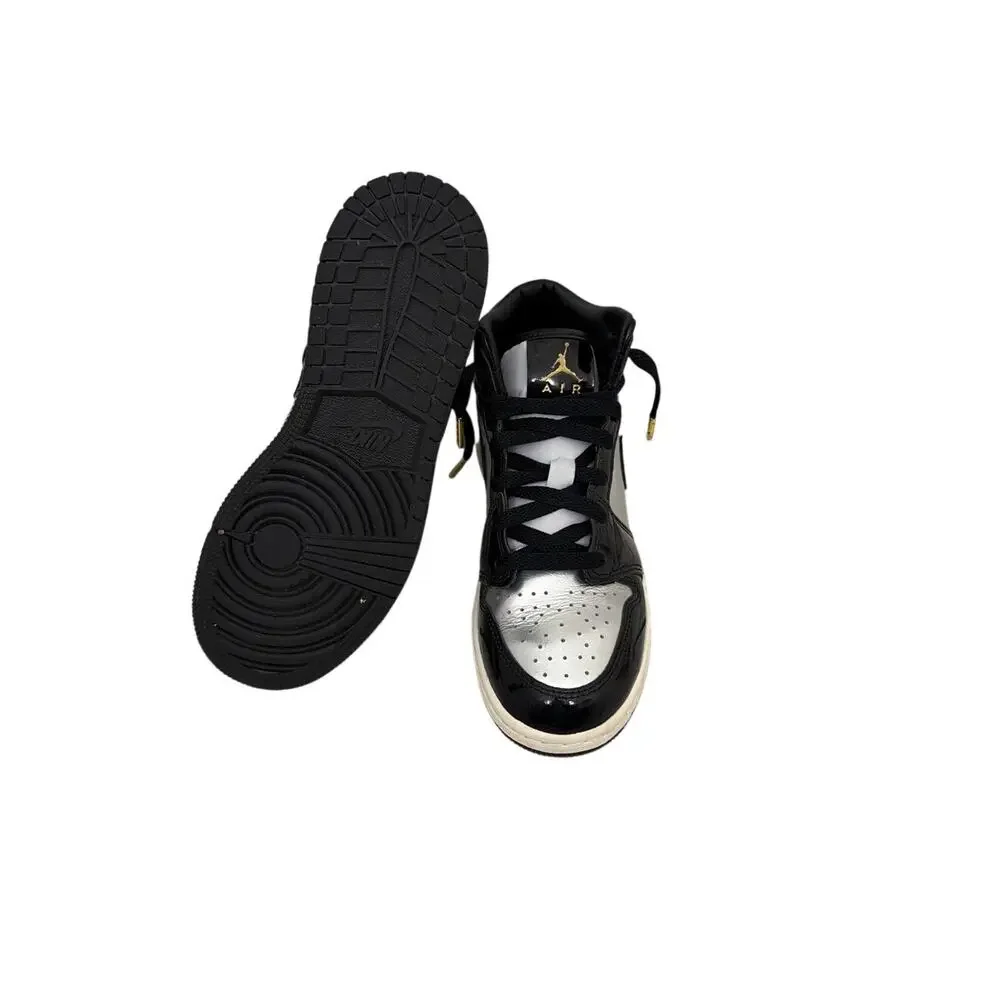 Nike Air Jordan 1 Mid SE GS 'Black Metallic Silver' Patent Leather Sneakers 5